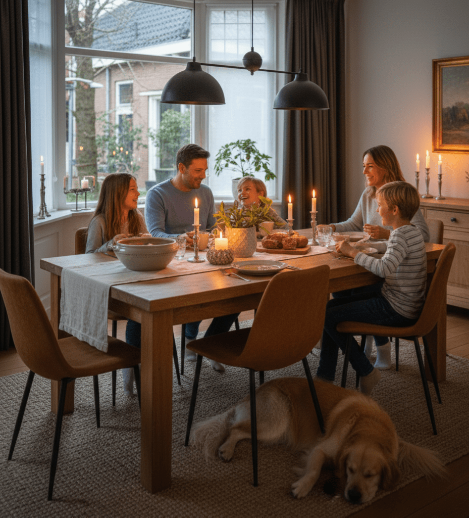 Gezin aan tafel met kaarsen en ventilatie